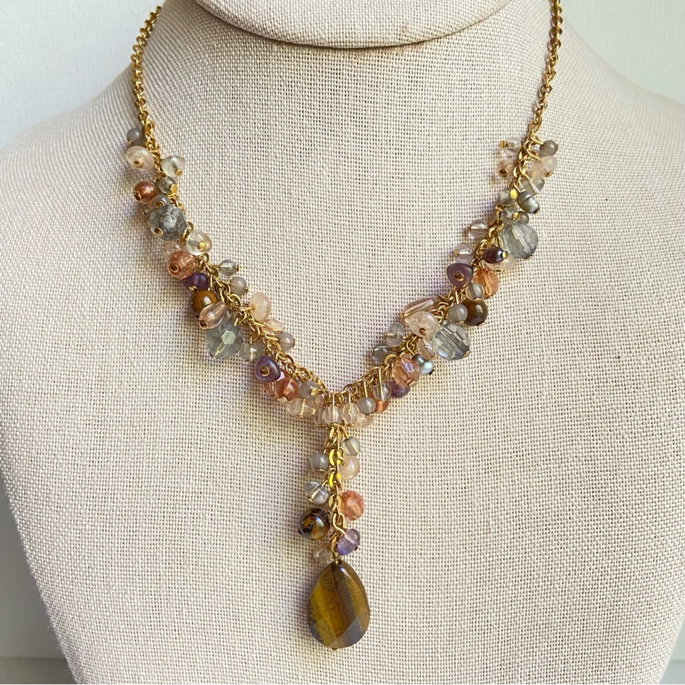 Avon Y style necklace tiny dangling beads in glass acrylic pearl and tiger’s eye